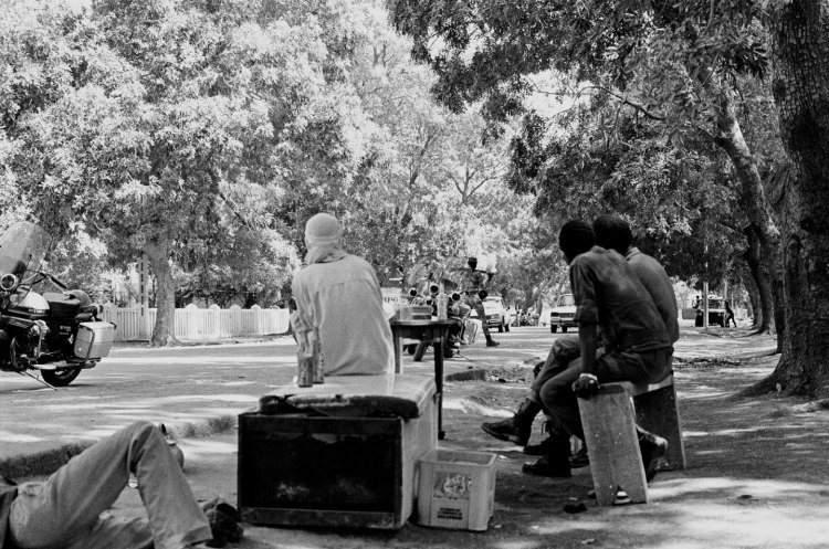 sitting in a treelined street in ndjamena chad soldier and motorbikes in background