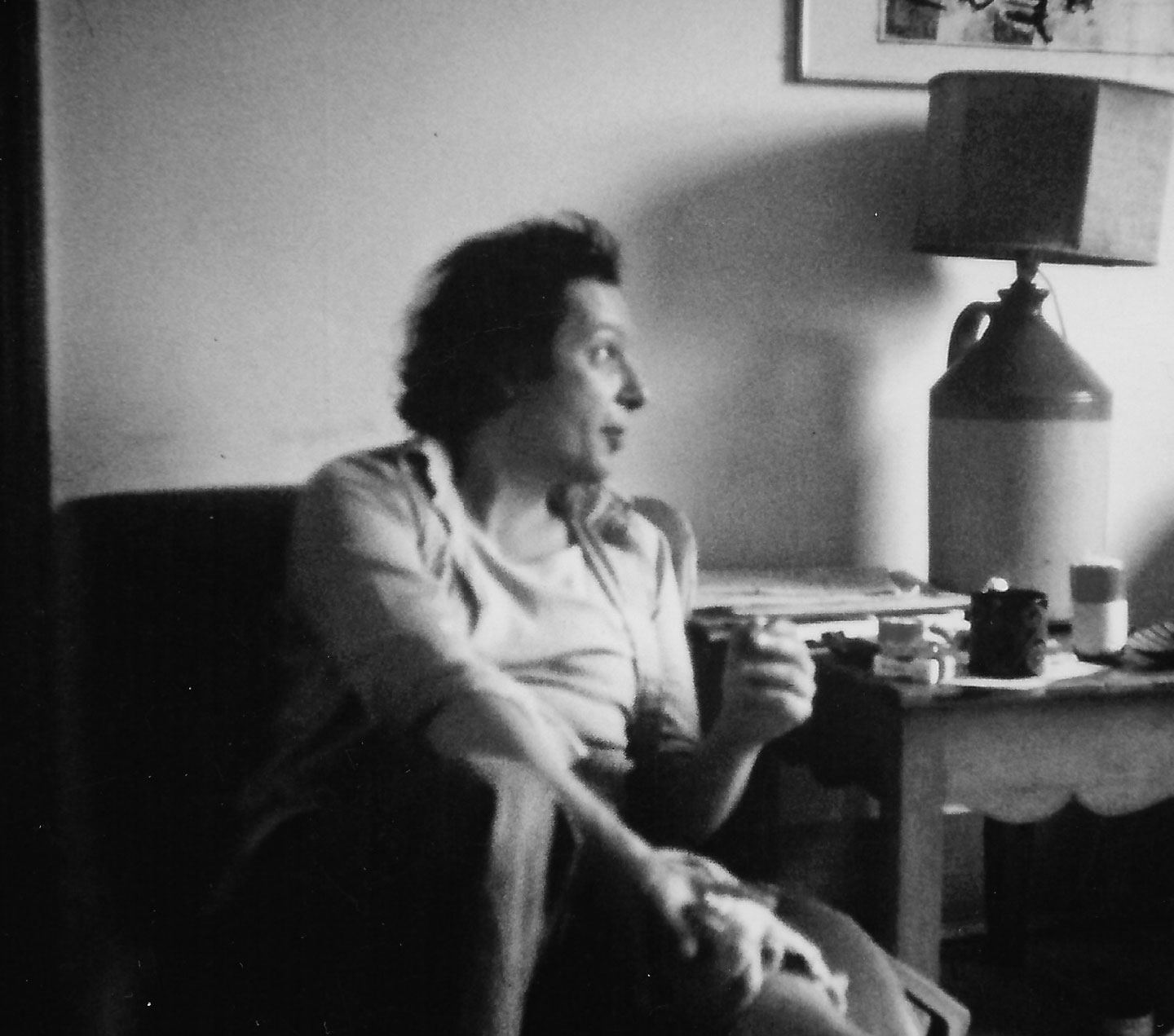 John Howe aged 30 talking in sitting room at Ladbroke Grove with a lamp and a cat